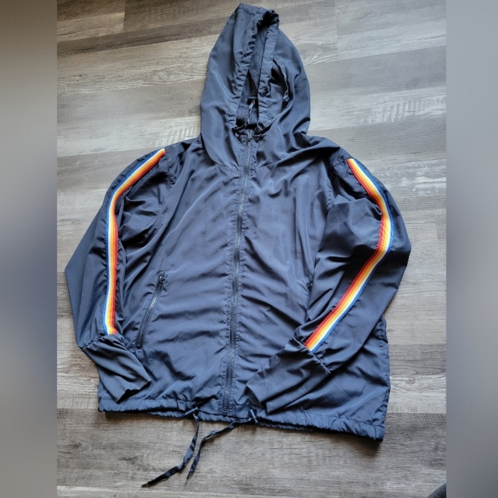 ZYIA Active Navy Blue Rainbow Stripe Hooded Bomber Jacket Windbreaker Zip Large